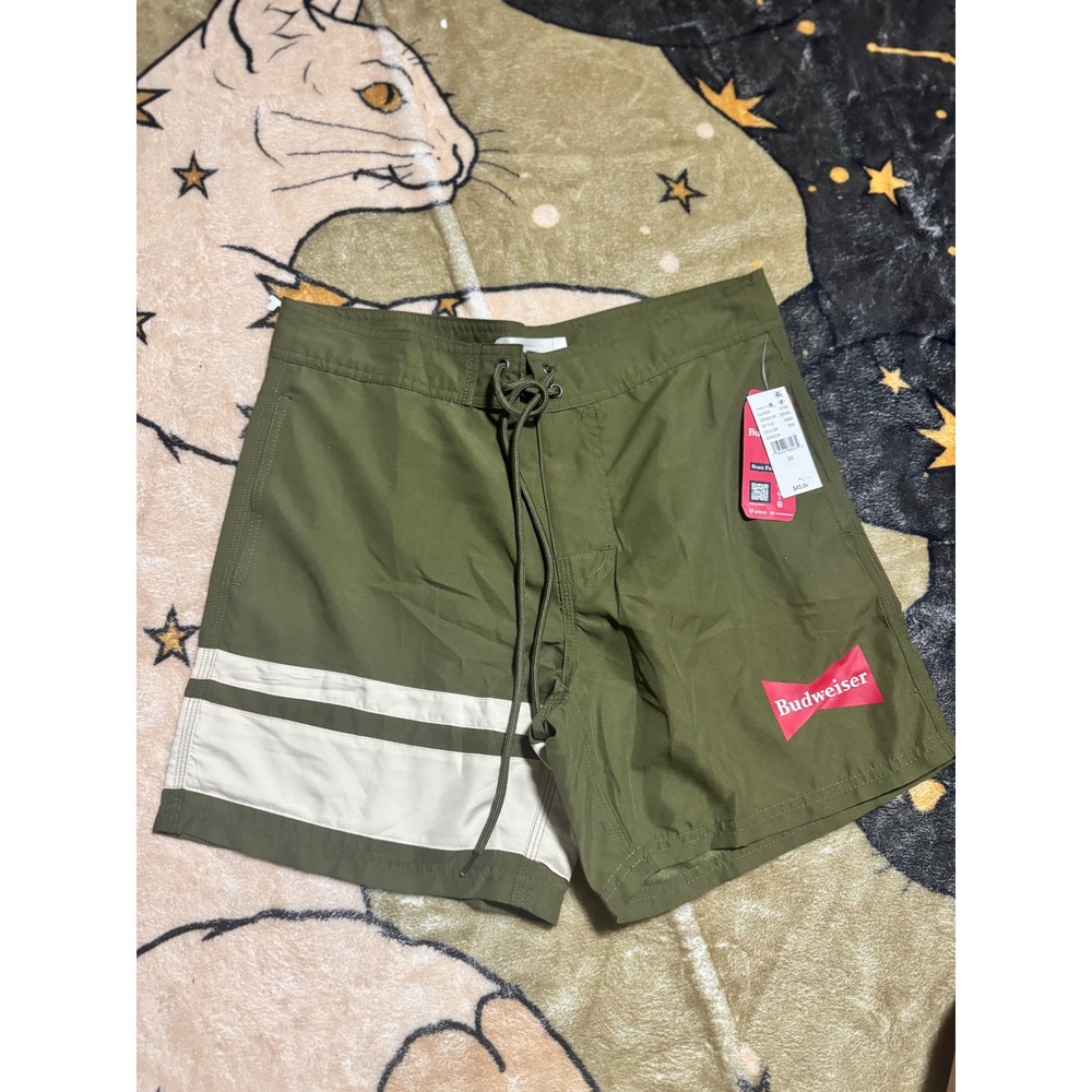 Budweiser Mens‎ Swim Trunks Shorts Olive Green White Logo Beach Pool Size 30